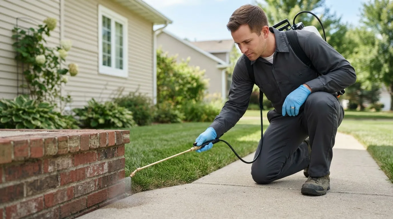 Pest control technician treating a home near Cyril, OK