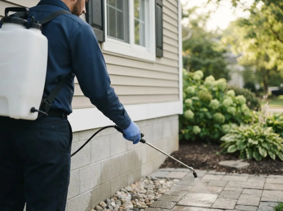 Pest control technician inspecting a home in Cyril, OK